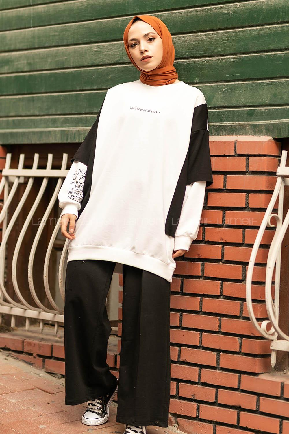 Modalamelif Bisiklet Yaka Kol Garnili Yazı Baskılı Tunik Beyaz-Siyah