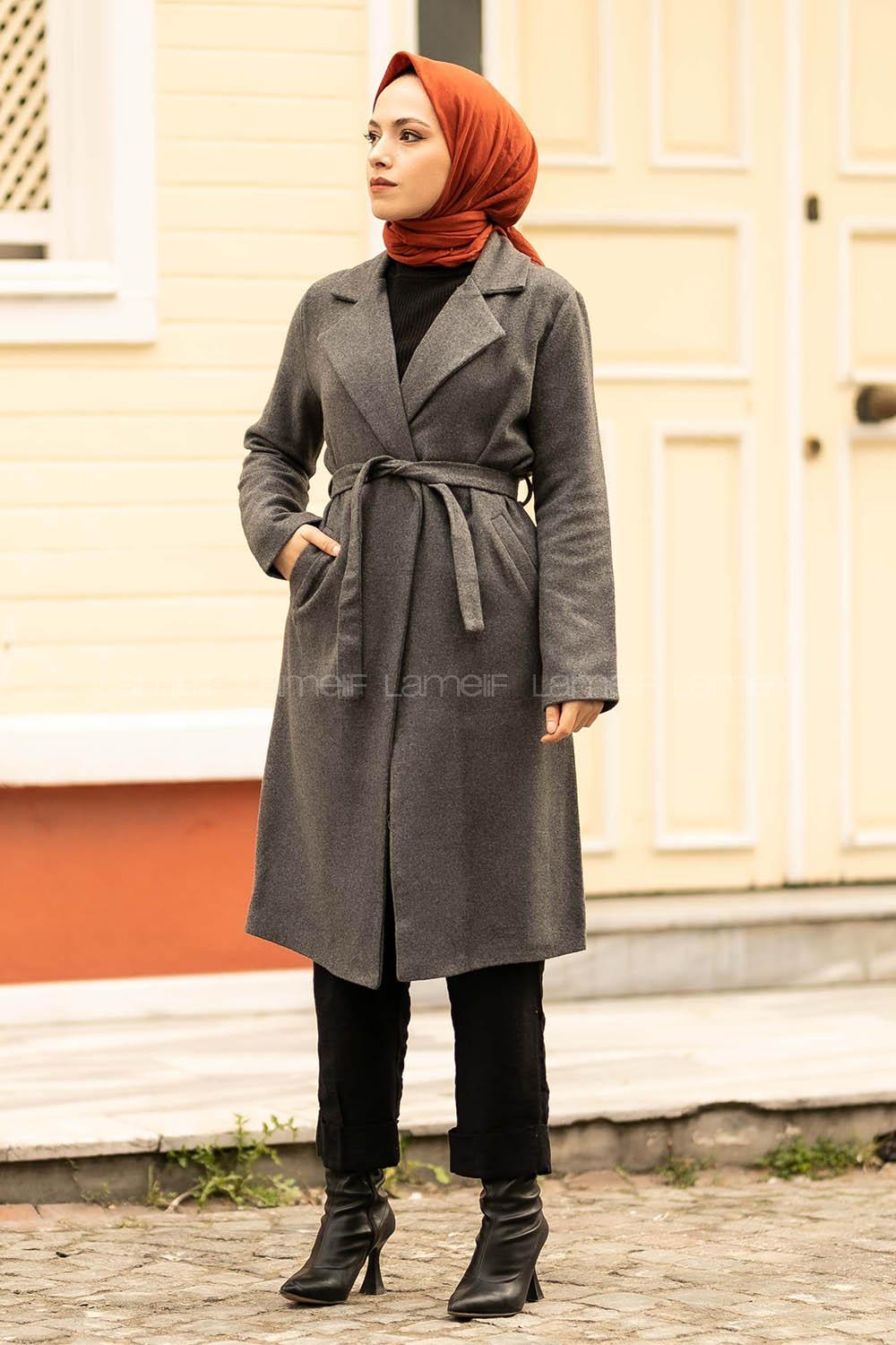 Modalamelif Çift Cep Detaylı Kuşak Bağlamalı Kaşe Kaban Gri