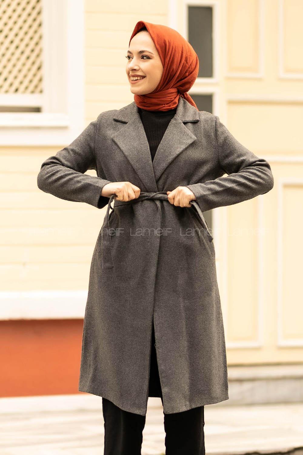 Modalamelif Çift Cep Detaylı Kuşak Bağlamalı Kaşe Kaban Gri