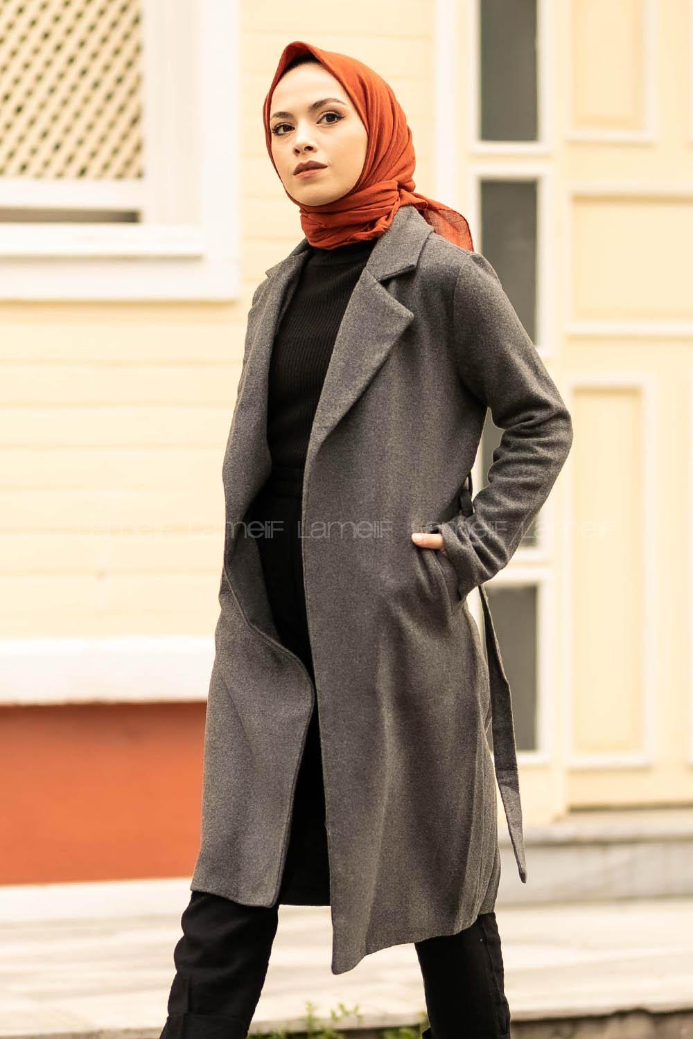 Modalamelif Çift Cep Detaylı Kuşak Bağlamalı Kaşe Kaban Gri