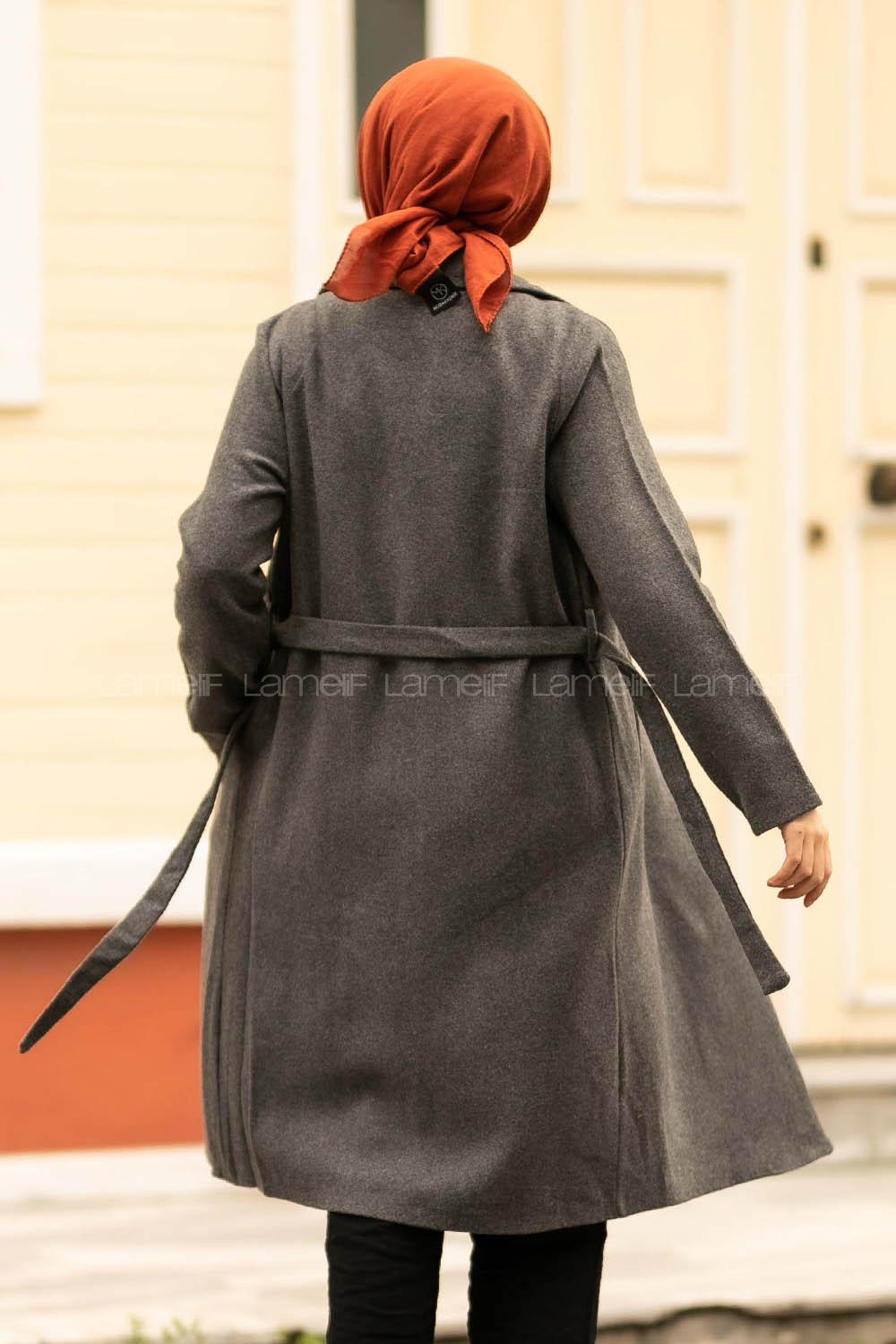 Modalamelif Çift Cep Detaylı Kuşak Bağlamalı Kaşe Kaban Gri