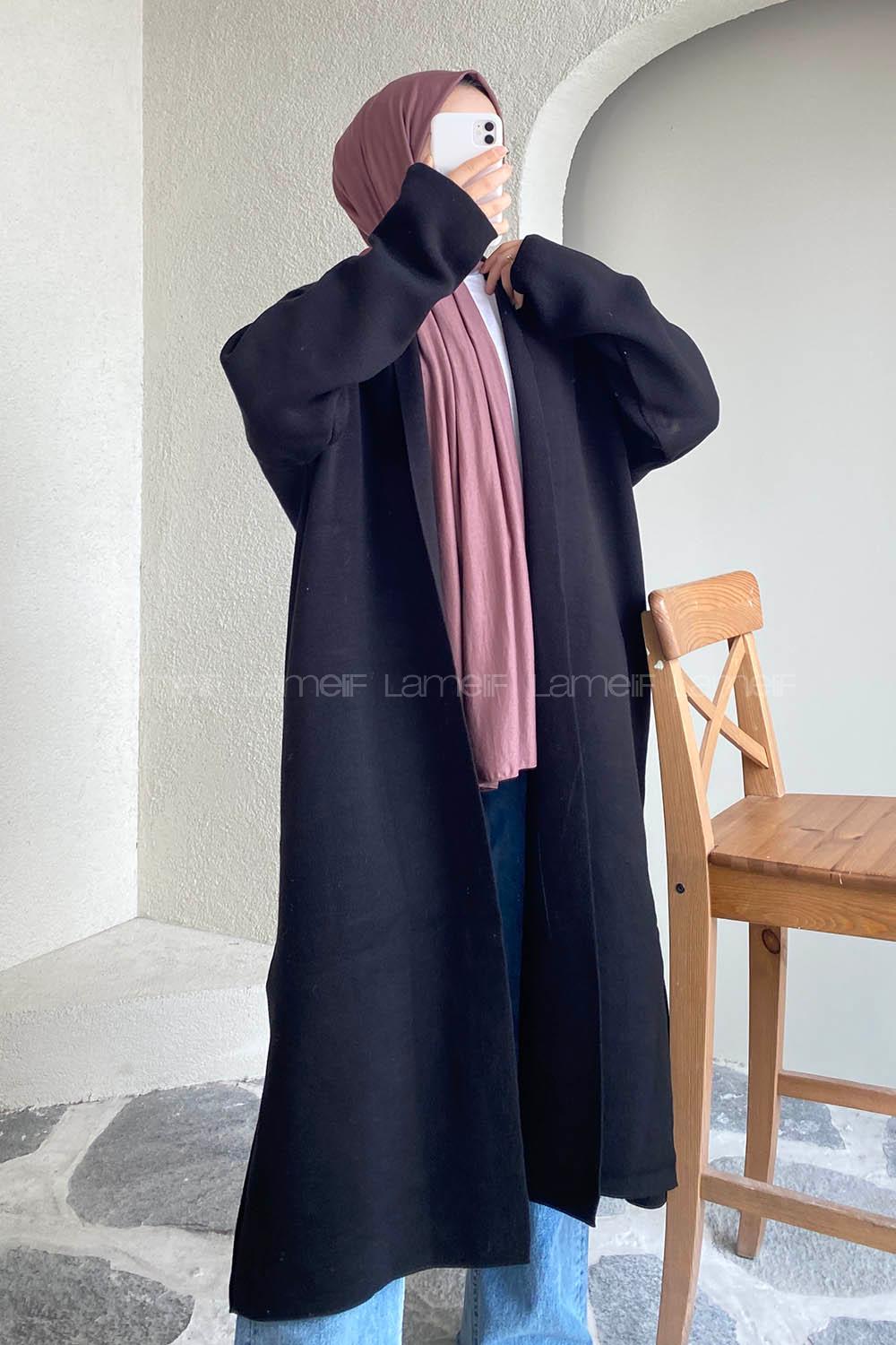 Modalamelif Düz Renk Triko Yırtmaçlı Hırka Siyah