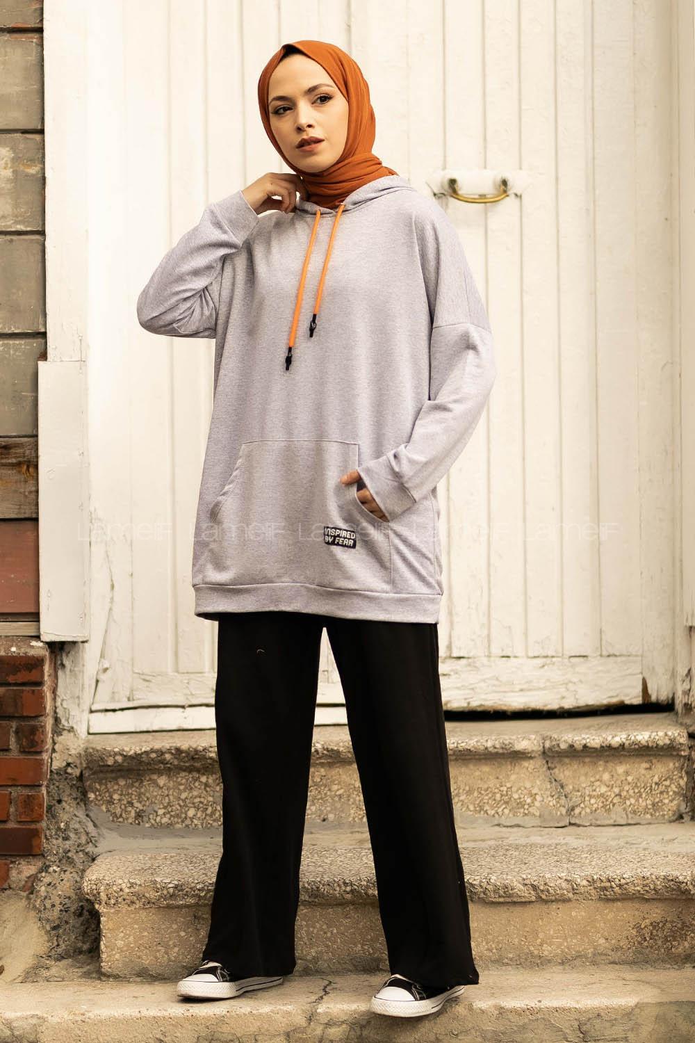 Modalamelif Kapüşon Detaylı Kanguru Cepli Arma Nakışlı Sweat Gri