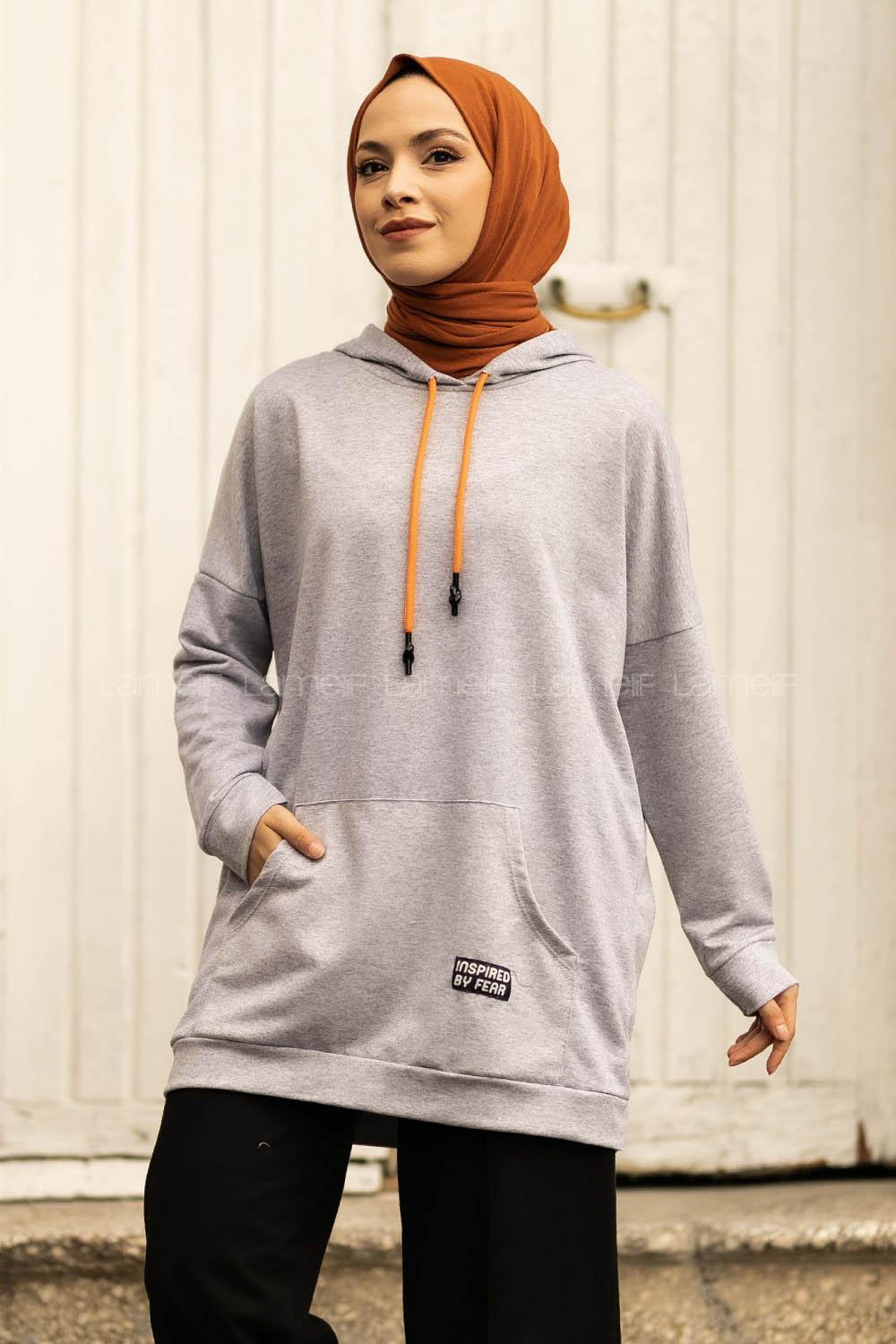 Modalamelif Kapüşon Detaylı Kanguru Cepli Arma Nakışlı Sweat Gri