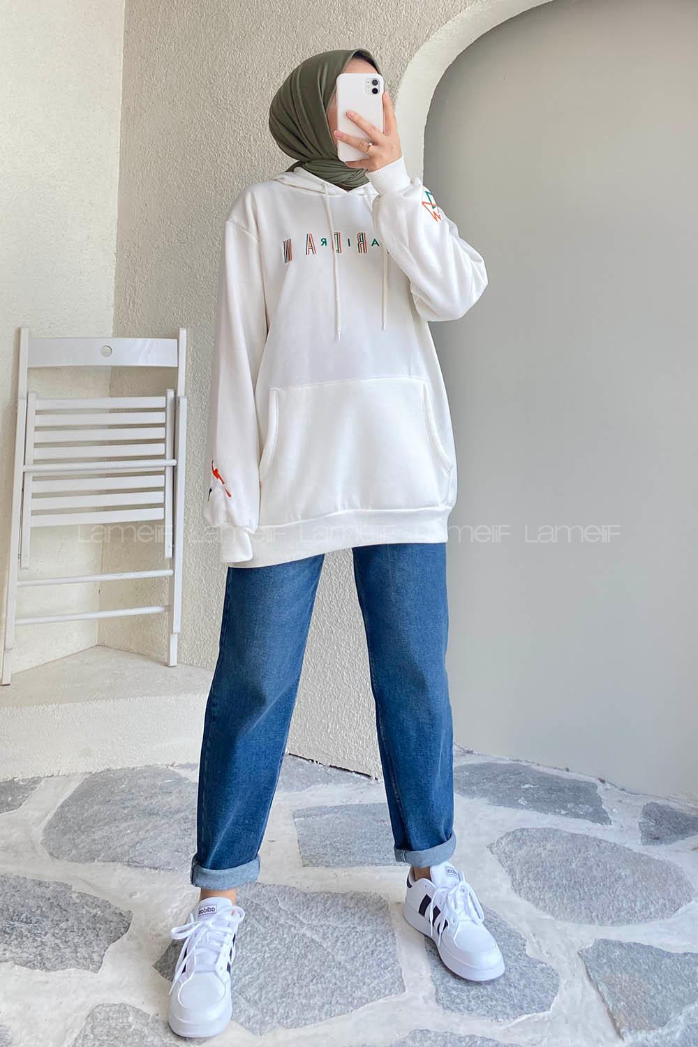Modalamelif Kapüşonlu Kanguru Cepli Önü Yazı Baskılı Sweat Beyaz