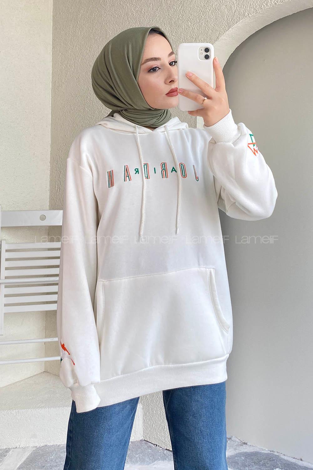 Modalamelif Kapüşonlu Kanguru Cepli Önü Yazı Baskılı Sweat Beyaz
