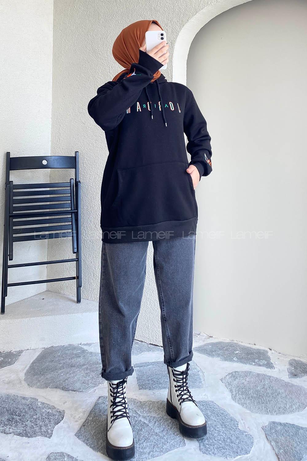 Modalamelif Kapüşonlu Kanguru Cepli Önü Yazı Baskılı Sweat Siyah