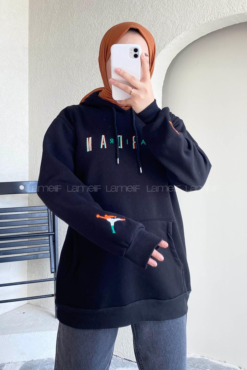 Modalamelif Kapüşonlu Kanguru Cepli Önü Yazı Baskılı Sweat Siyah