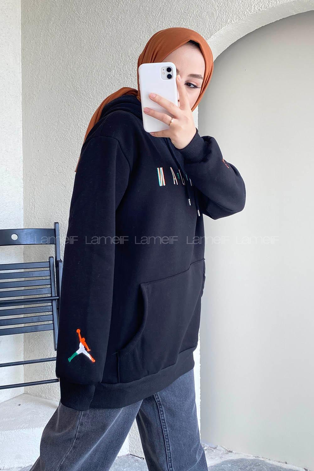 Modalamelif Kapüşonlu Kanguru Cepli Önü Yazı Baskılı Sweat Siyah