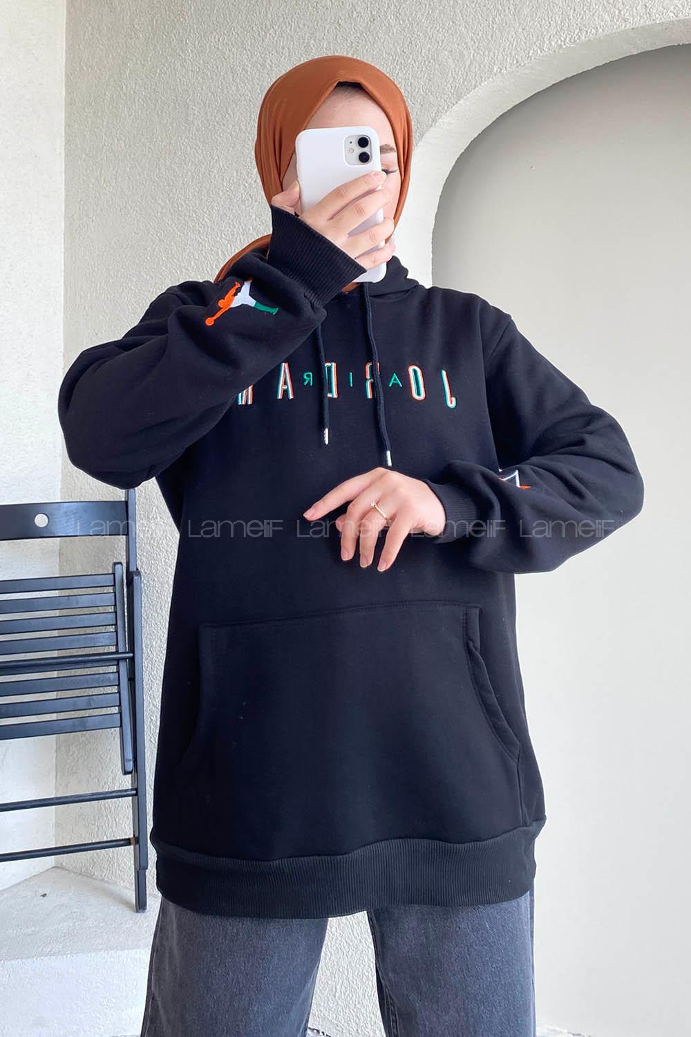 Modalamelif Kapüşonlu Kanguru Cepli Önü Yazı Baskılı Sweat Siyah