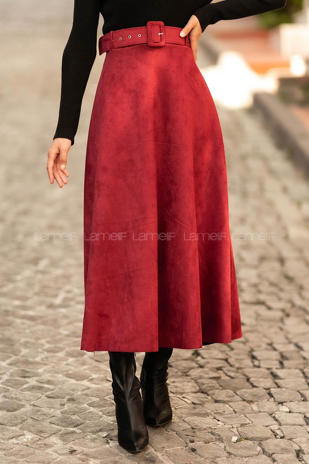 Modalamelif Kemer Detaylı Süet Etek Bordo