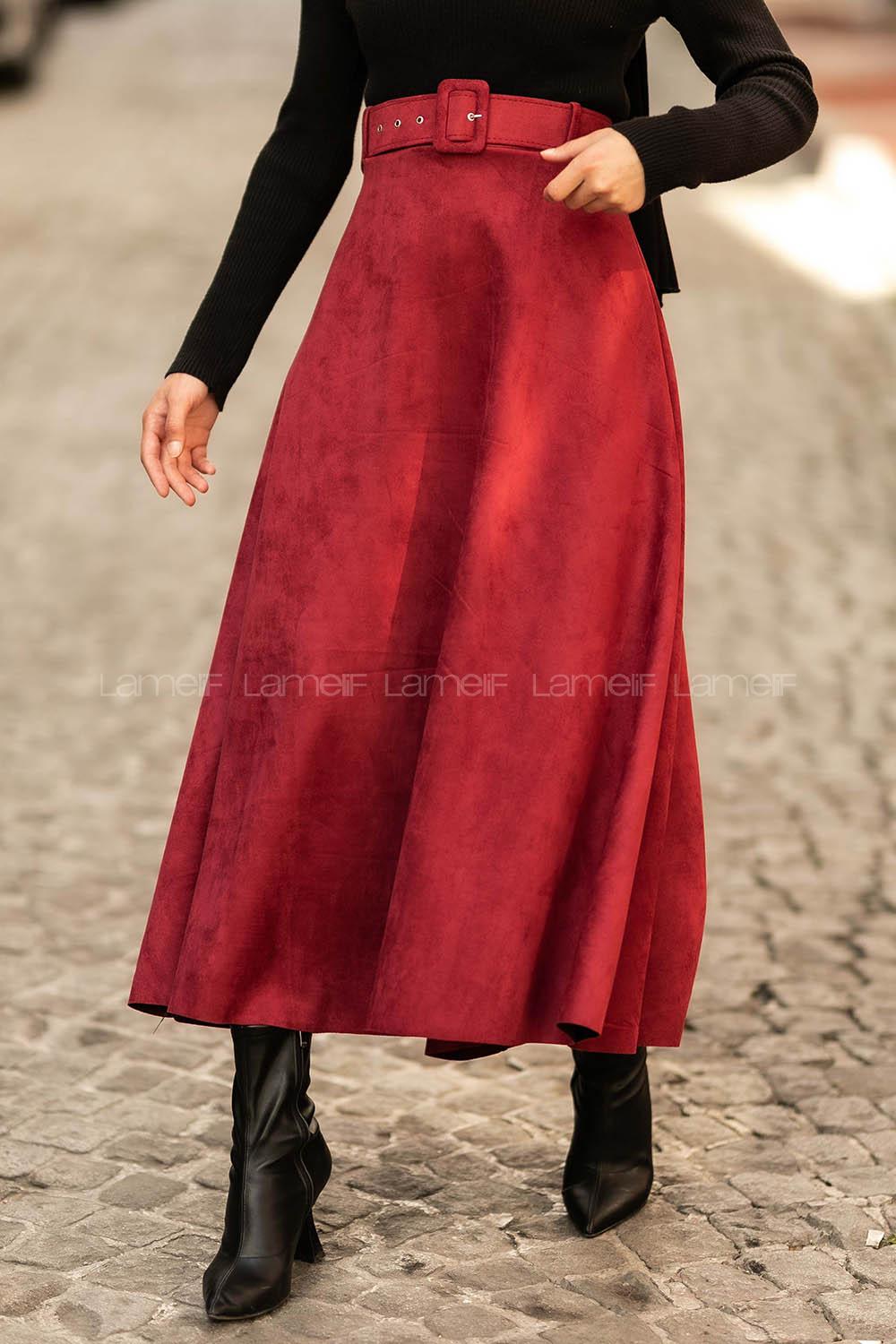 Modalamelif Kemer Detaylı Süet Etek Bordo
