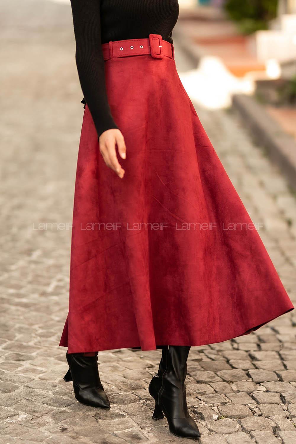 Modalamelif Kemer Detaylı Süet Etek Bordo