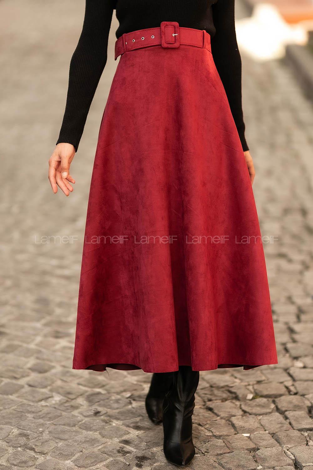Modalamelif Kemer Detaylı Süet Etek Bordo