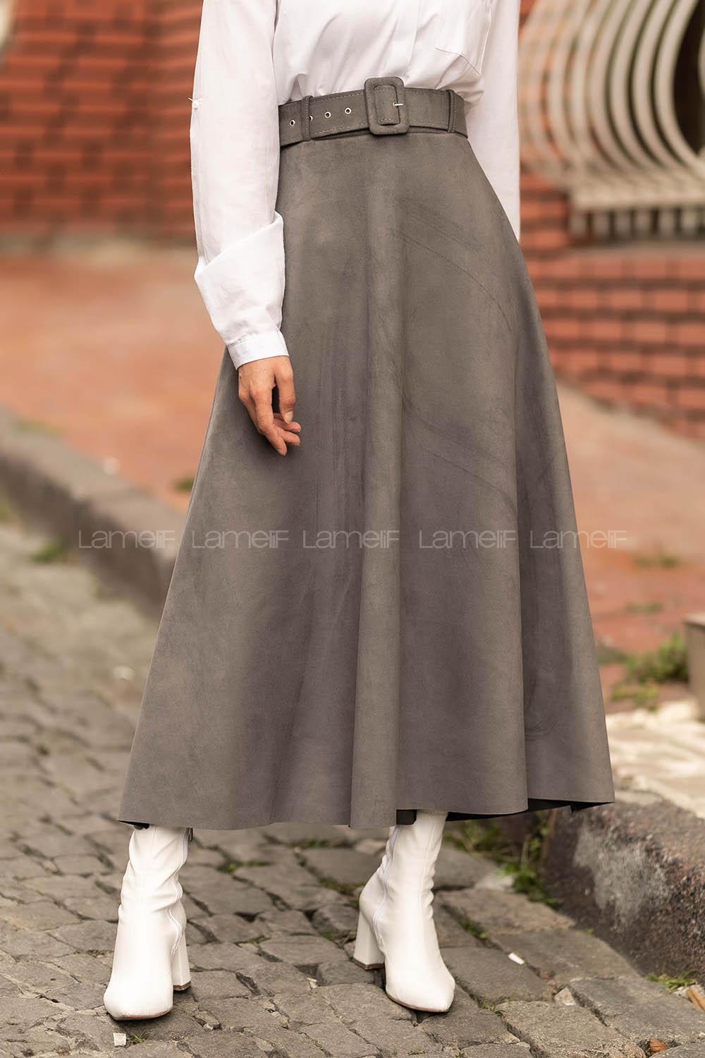 Modalamelif Kemer Detaylı Süet Etek Gri