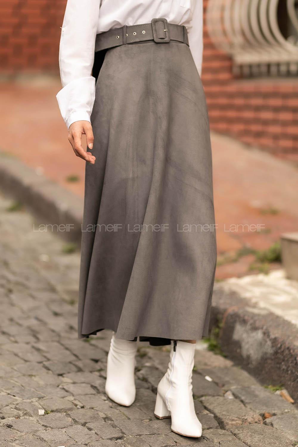 Modalamelif Kemer Detaylı Süet Etek Gri