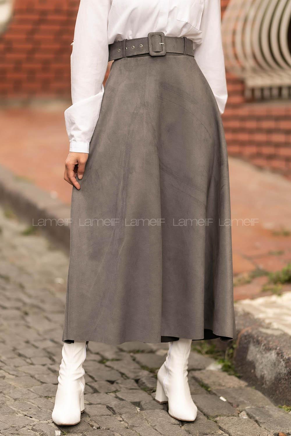 Modalamelif Kemer Detaylı Süet Etek Gri