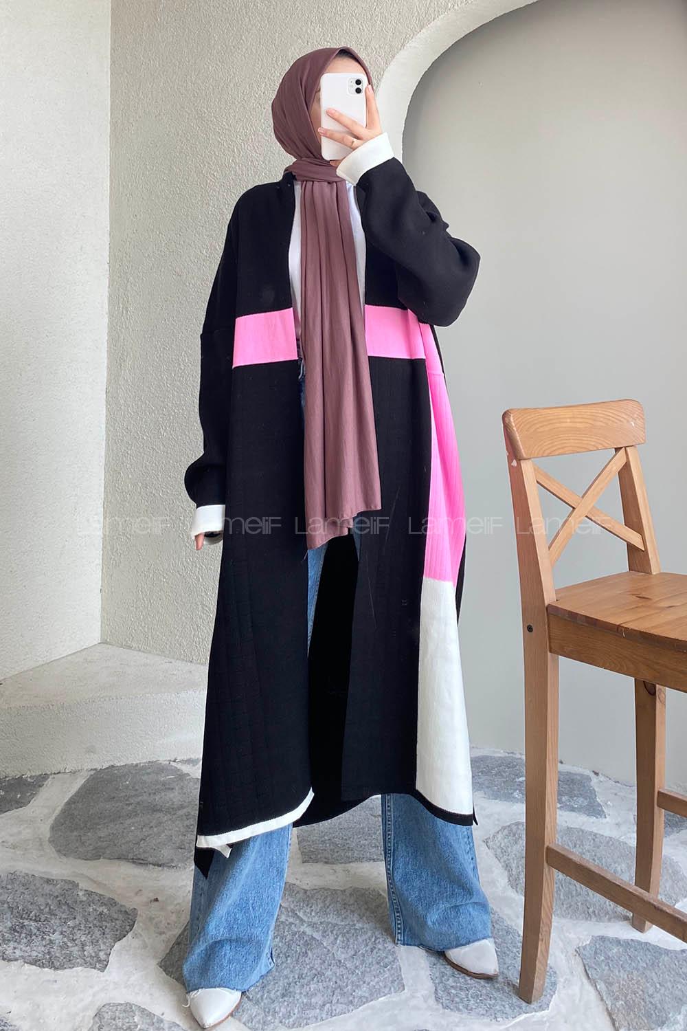 Modalamelif Kol ve Etek Ucu Renk Garnili Yırtmaç Detaylı Hırka Siyah