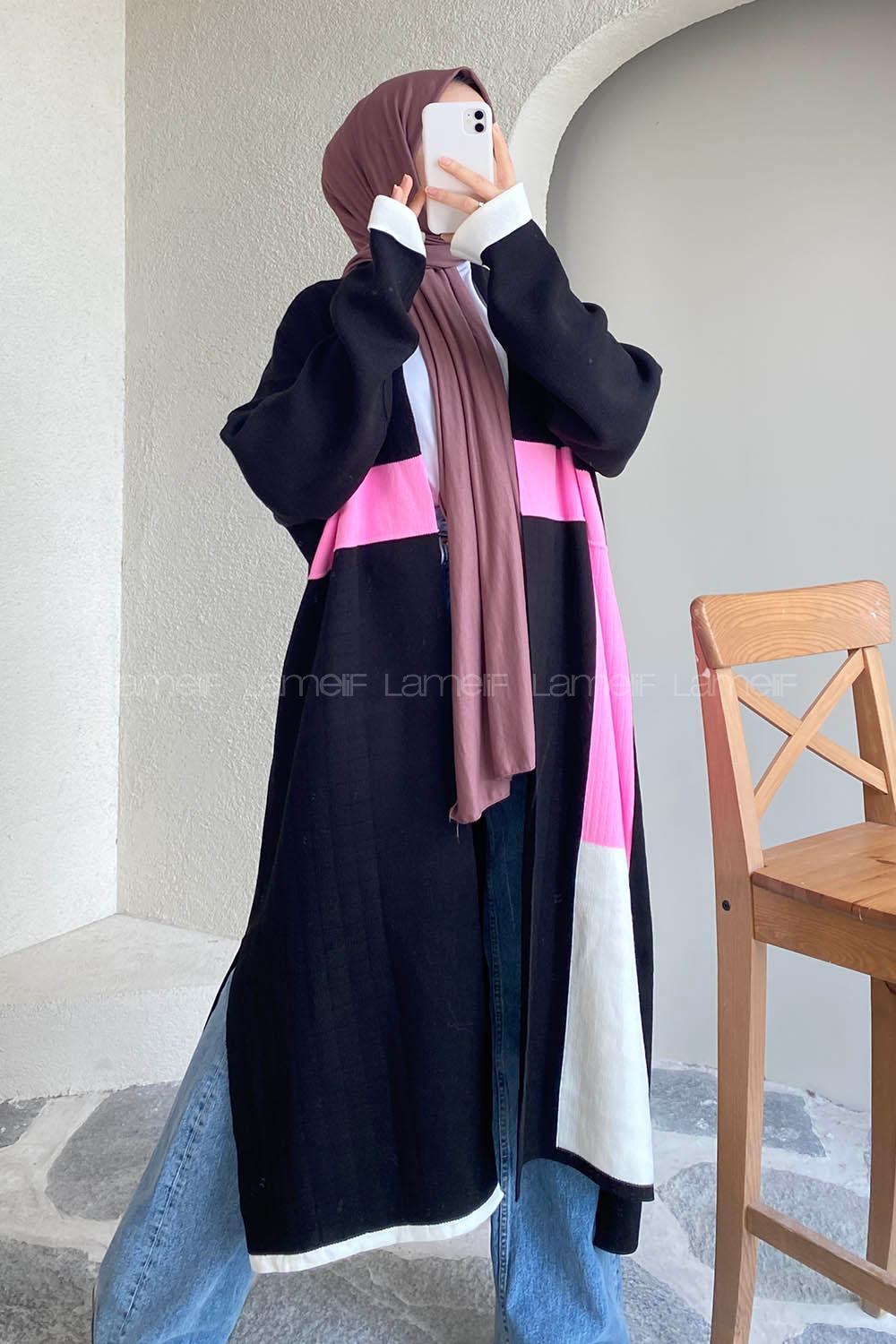 Modalamelif Kol ve Etek Ucu Renk Garnili Yırtmaç Detaylı Hırka Siyah