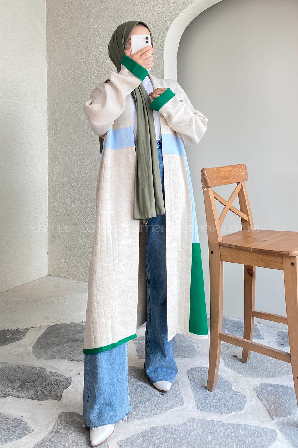 Modalamelif Kol ve Etek Ucu Renk Garnili Yırtmaç Detaylı Hırka Taşrengi