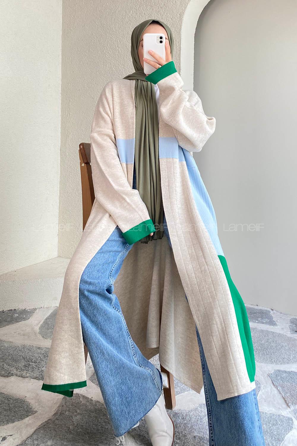 Modalamelif Kol ve Etek Ucu Renk Garnili Yırtmaç Detaylı Hırka Taşrengi