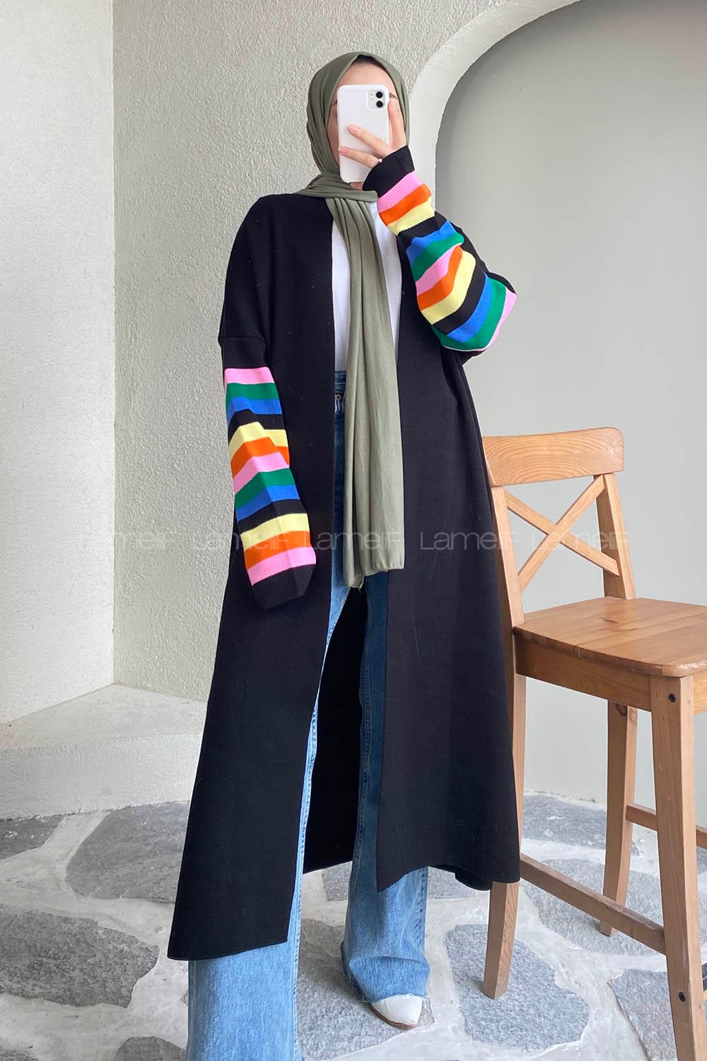 Modalamelif Kolu Çizgi Renk Garnili Yırtmaç Detaylı Hırka Siyah