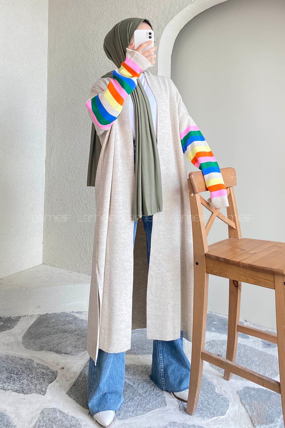 Modalamelif Kolu Çizgi Renk Garnili Yırtmaç Detaylı Hırka Taşrengi