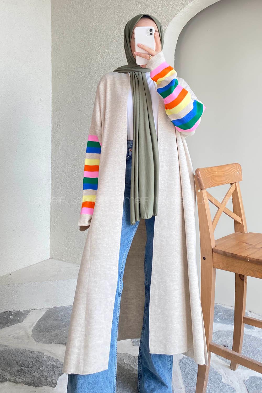 Modalamelif Kolu Çizgi Renk Garnili Yırtmaç Detaylı Hırka Taşrengi