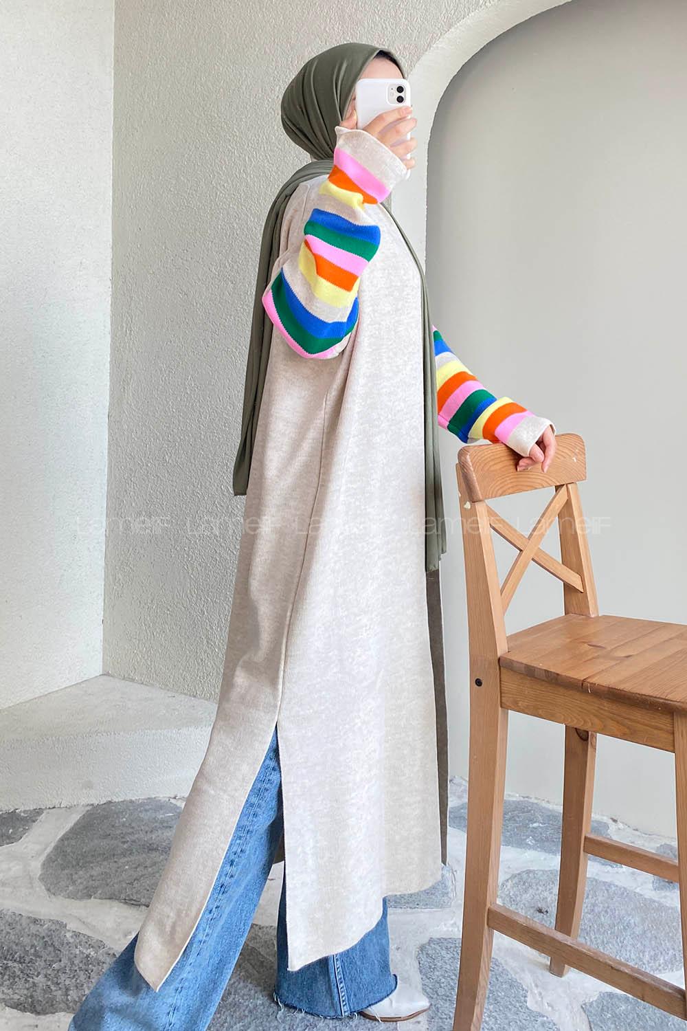 Modalamelif Kolu Çizgi Renk Garnili Yırtmaç Detaylı Hırka Taşrengi