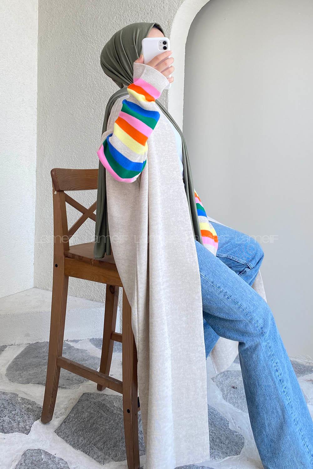 Modalamelif Kolu Çizgi Renk Garnili Yırtmaç Detaylı Hırka Taşrengi