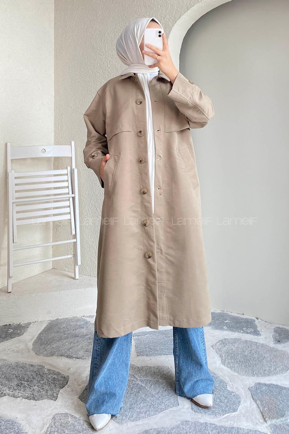 Modalamelif Önü Boydan Düğmeli Kapüşon Detaylı Trenç Vizonrengi