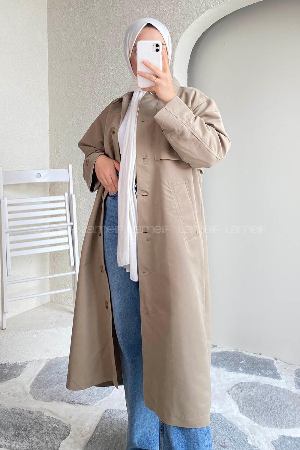 Modalamelif Önü Boydan Düğmeli Kapüşon Detaylı Trenç Vizonrengi