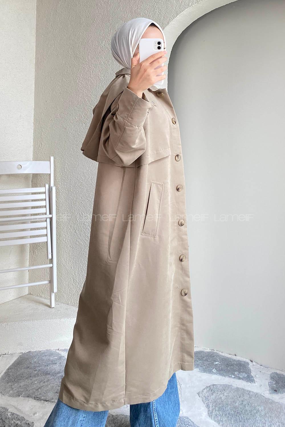 Modalamelif Önü Boydan Düğmeli Kapüşon Detaylı Trenç Vizonrengi