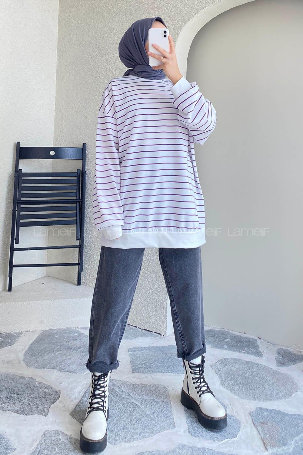 Modalamelif Renk Garnili Çizgi Desenli Sweat Beyaz-Mor
