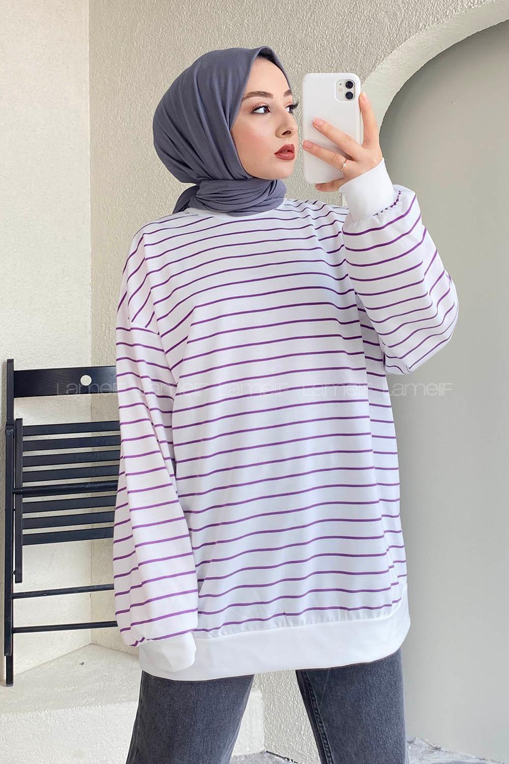 Modalamelif Renk Garnili Çizgi Desenli Sweat Beyaz-Mor