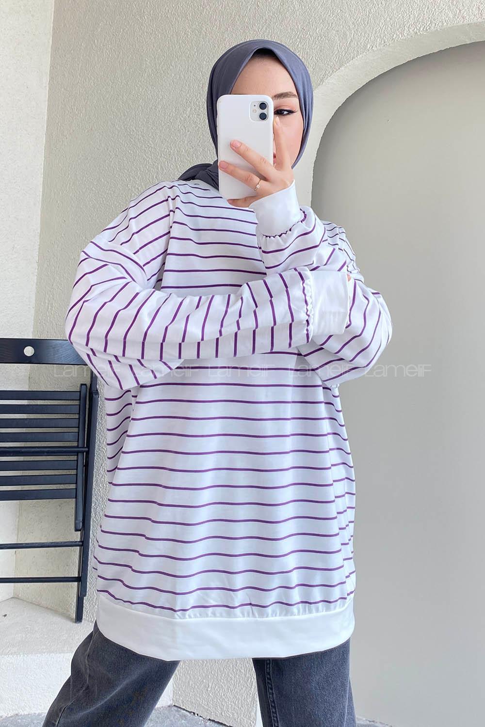 Modalamelif Renk Garnili Çizgi Desenli Sweat Beyaz-Mor