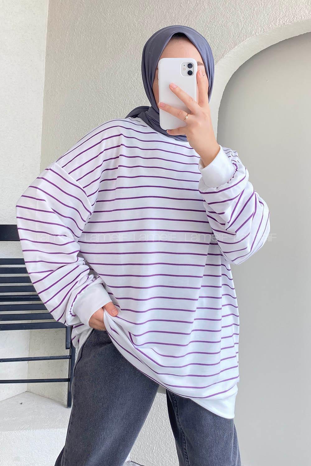 Modalamelif Renk Garnili Çizgi Desenli Sweat Beyaz-Mor