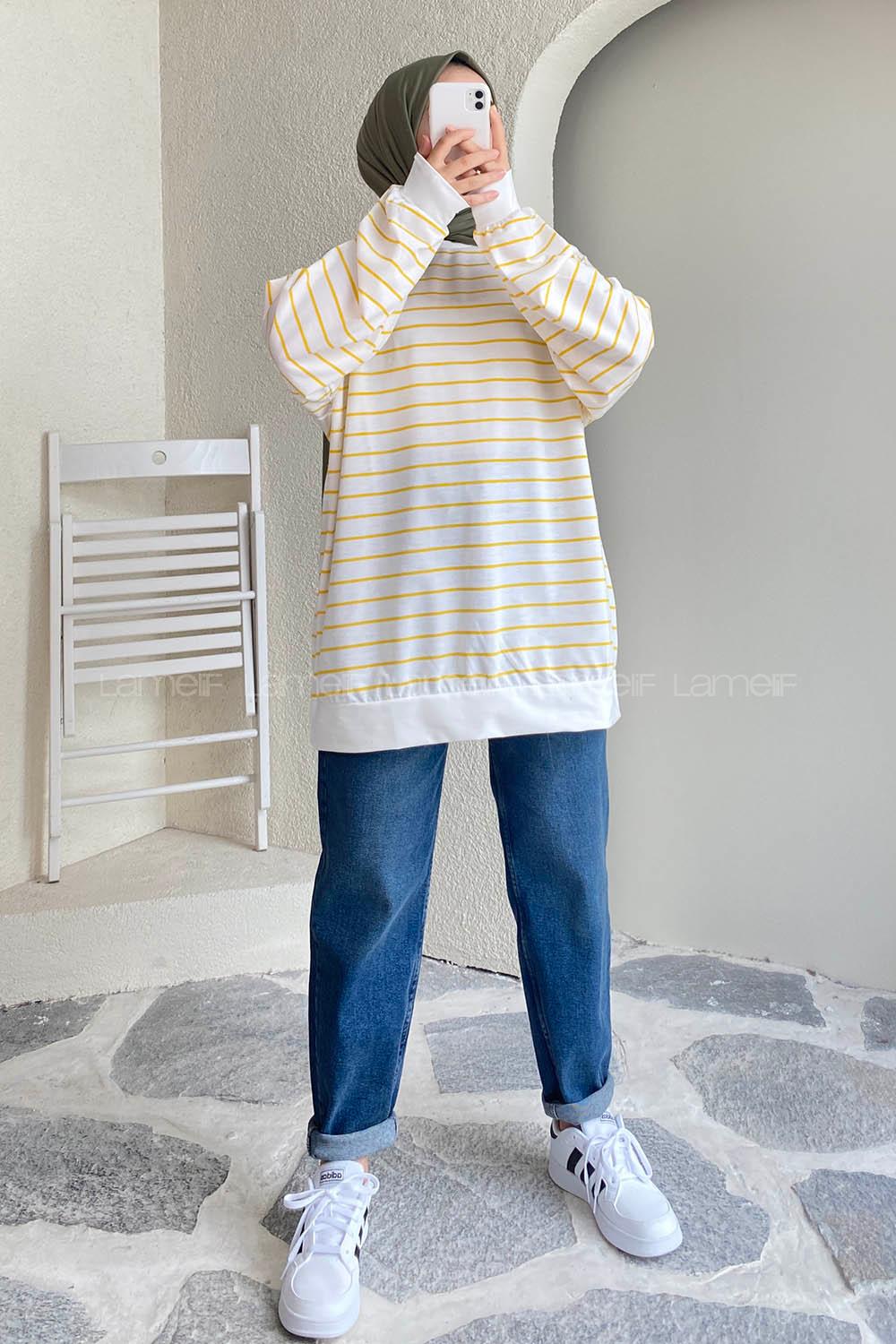 Modalamelif Renk Garnili Çizgi Desenli Sweat Beyaz-Sarı