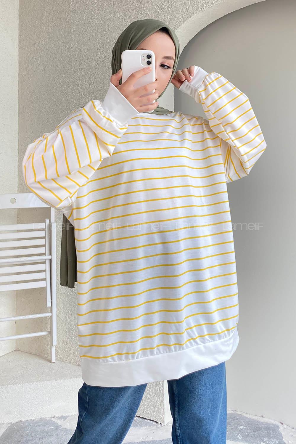 Modalamelif Renk Garnili Çizgi Desenli Sweat Beyaz-Sarı