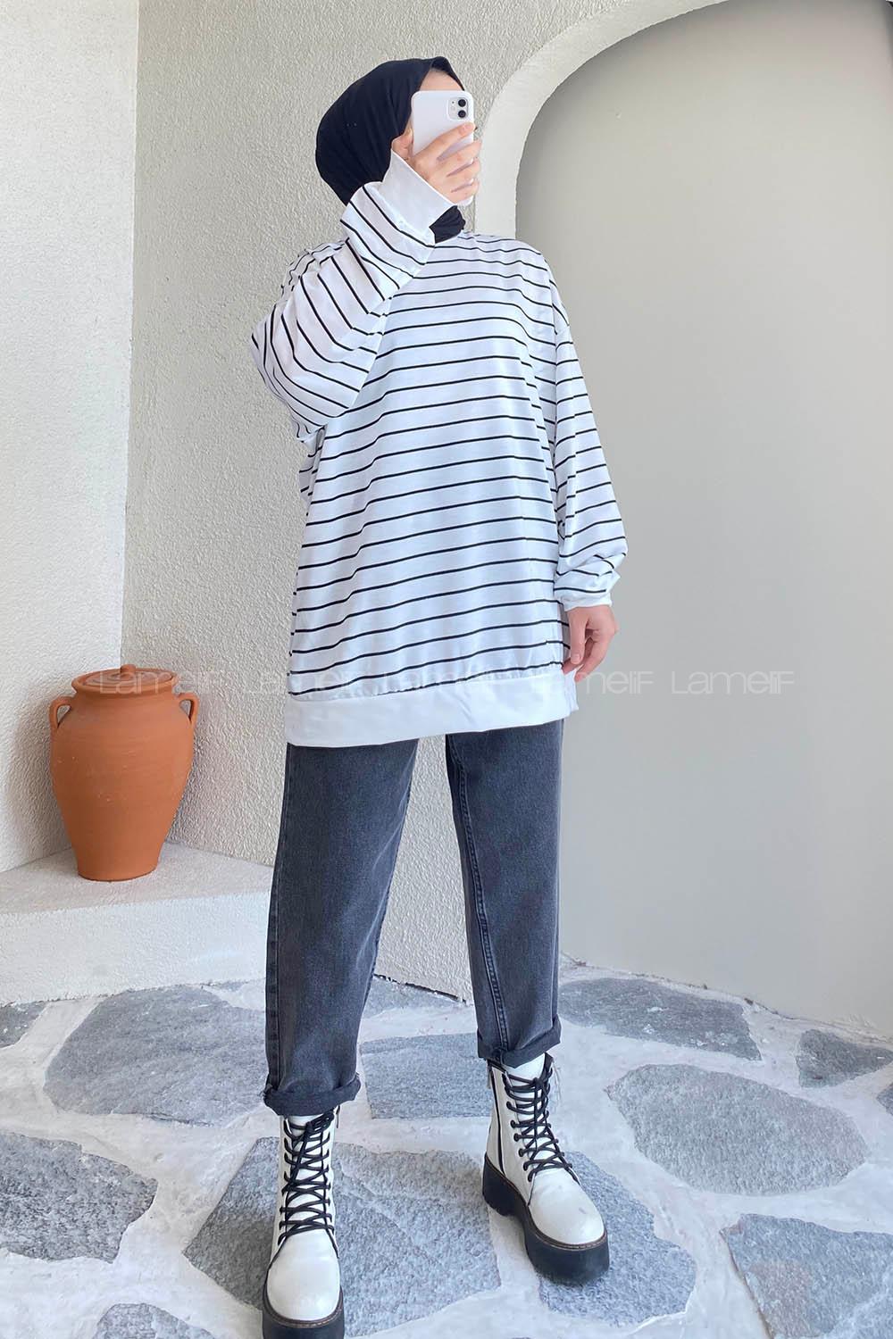 Modalamelif Renk Garnili Çizgi Desenli Sweat Beyaz-Siyah