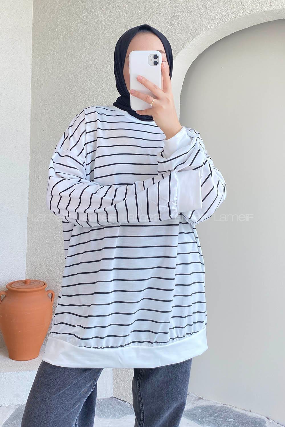 Modalamelif Renk Garnili Çizgi Desenli Sweat Beyaz-Siyah