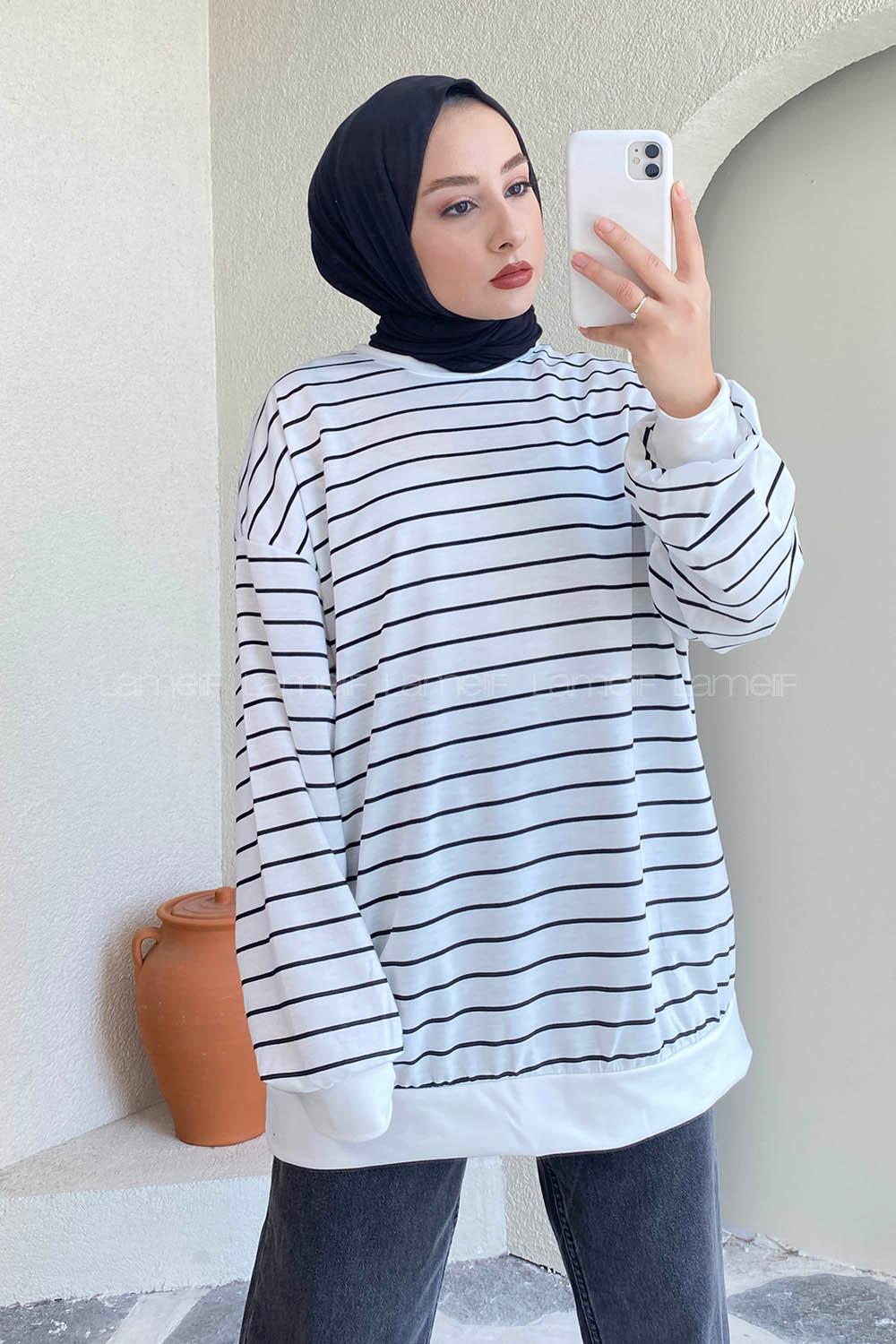 Modalamelif Renk Garnili Çizgi Desenli Sweat Beyaz-Siyah