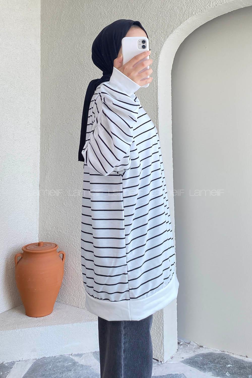 Modalamelif Renk Garnili Çizgi Desenli Sweat Beyaz-Siyah