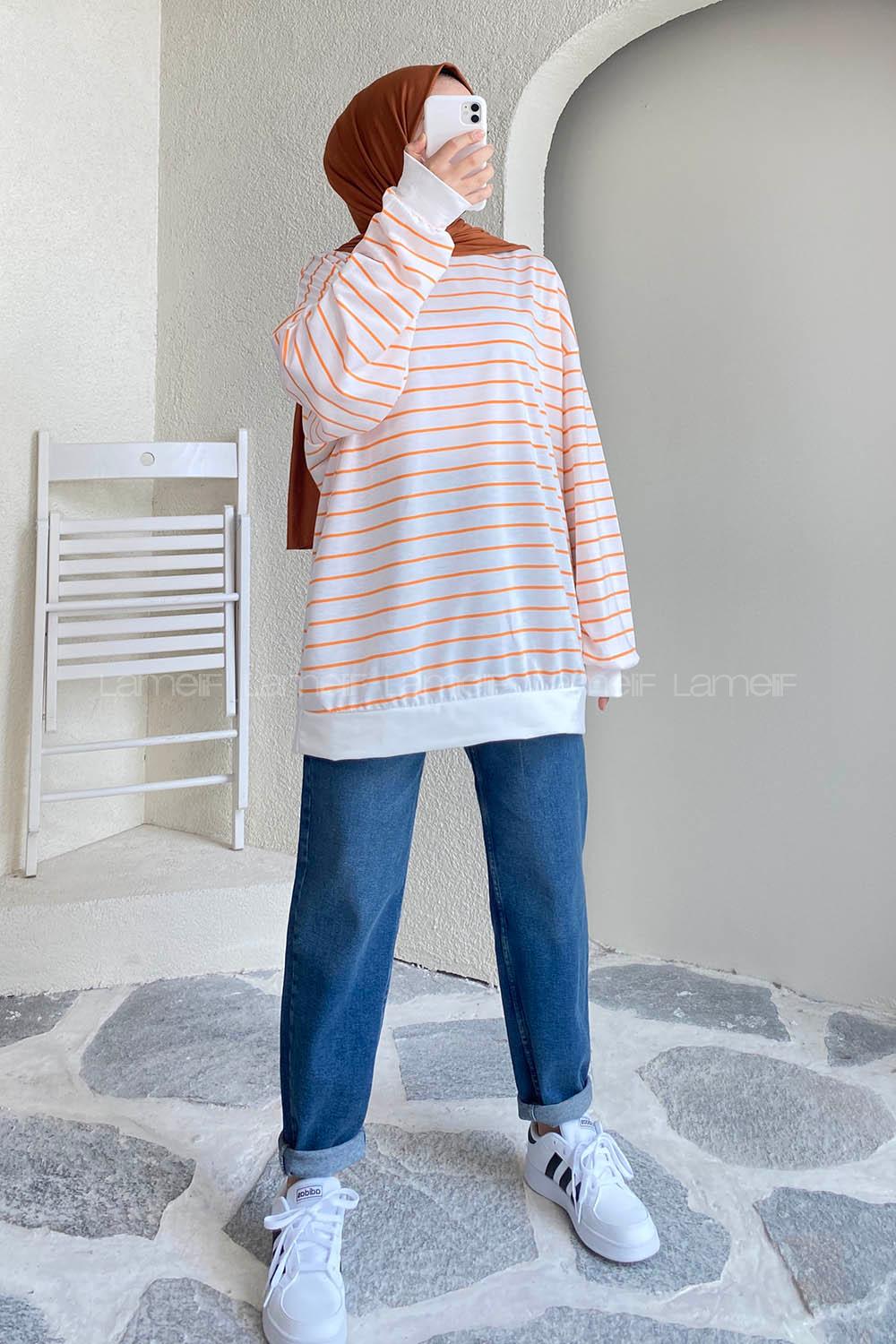Modalamelif Renk Garnili Çizgi Desenli Sweat Beyaz-Turuncu