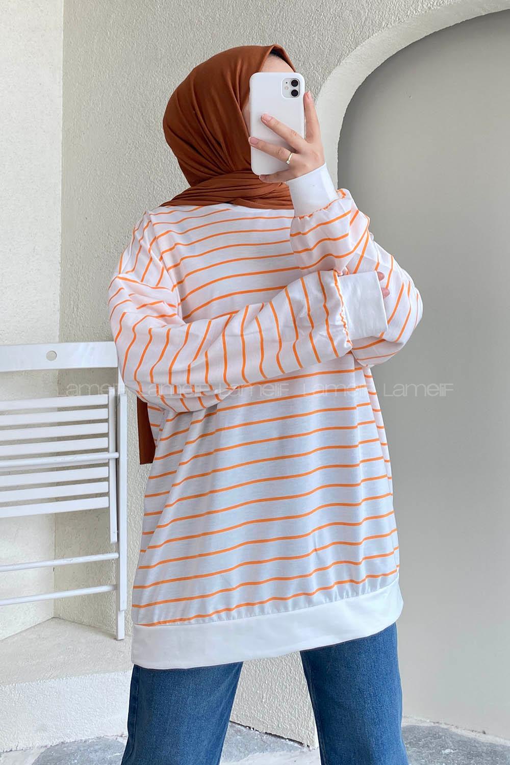 Modalamelif Renk Garnili Çizgi Desenli Sweat Beyaz-Turuncu