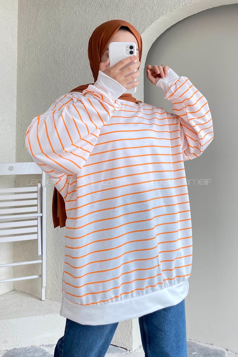 Modalamelif Renk Garnili Çizgi Desenli Sweat Beyaz-Turuncu