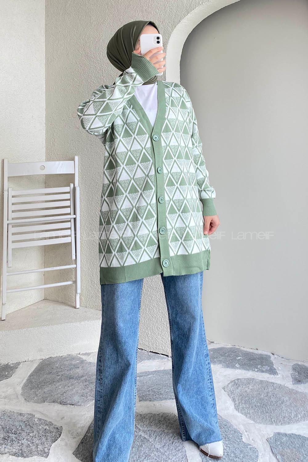 Modalamelif V Yaka Baklava Kilim Desenli Düğme Detaylı Hırka Çağla Yeşili