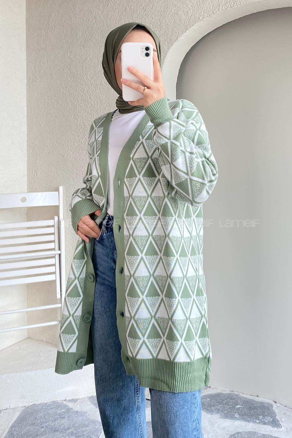 Modalamelif V Yaka Baklava Kilim Desenli Düğme Detaylı Hırka Çağla Yeşili