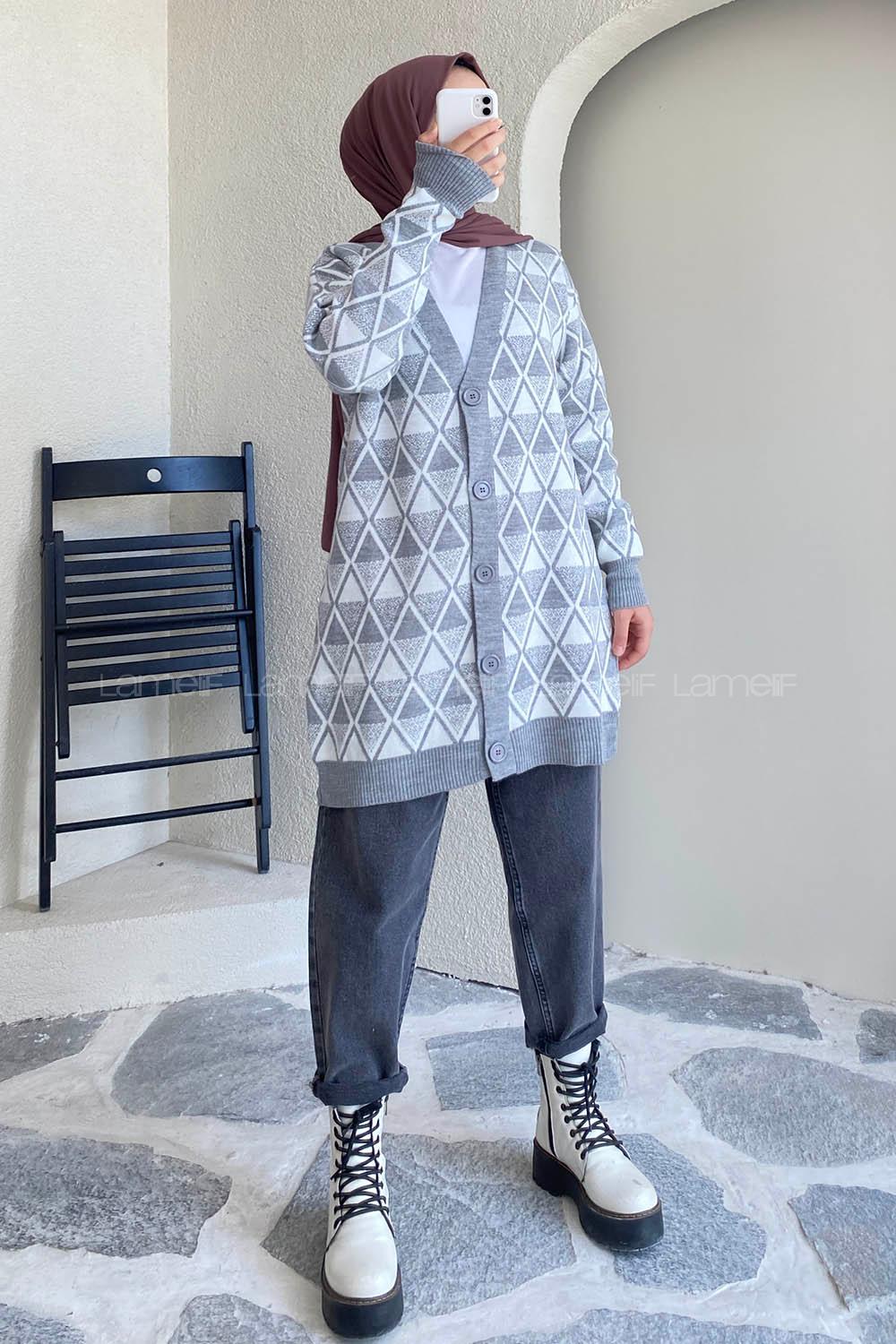 Modalamelif V Yaka Baklava Kilim Desenli Düğme Detaylı Hırka Gri