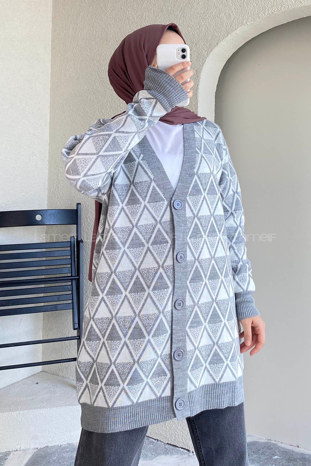 Modalamelif V Yaka Baklava Kilim Desenli Düğme Detaylı Hırka Gri